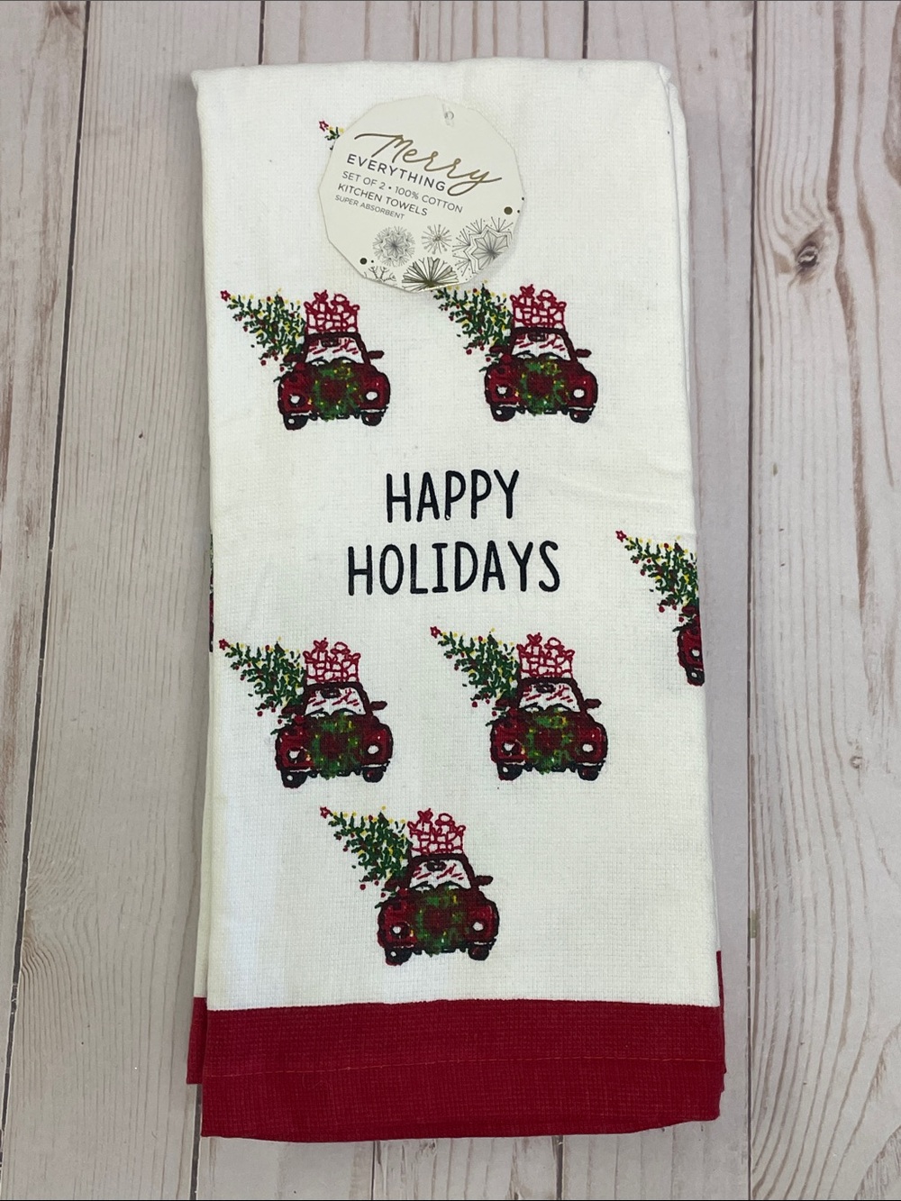 Merry Everything Kitchen Dish Towels Set 2 Red Farmhouse Car Christmas Tree NEW